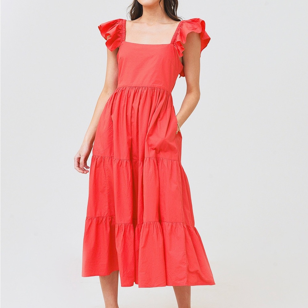 Chic Coral Ruffle Sleeve Dress